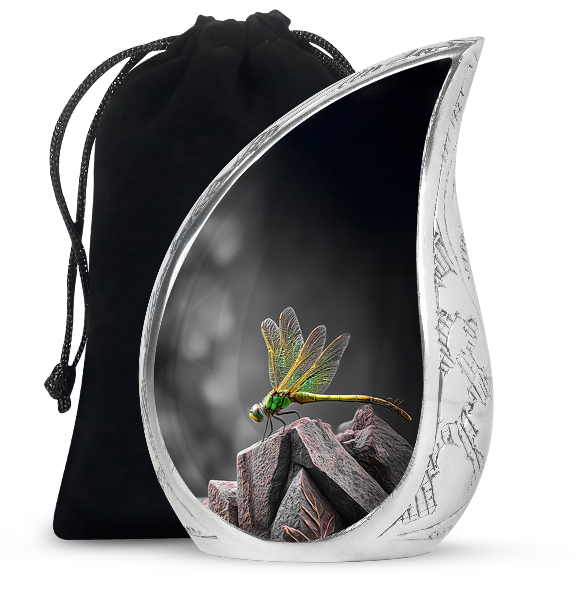 Obsidian Black Dragonfly Cremation Urn front view showing detailed design - smooth teardrop contour featuring dragonfly art - full-size 10 inch 200 cubic inch adult cremation urn