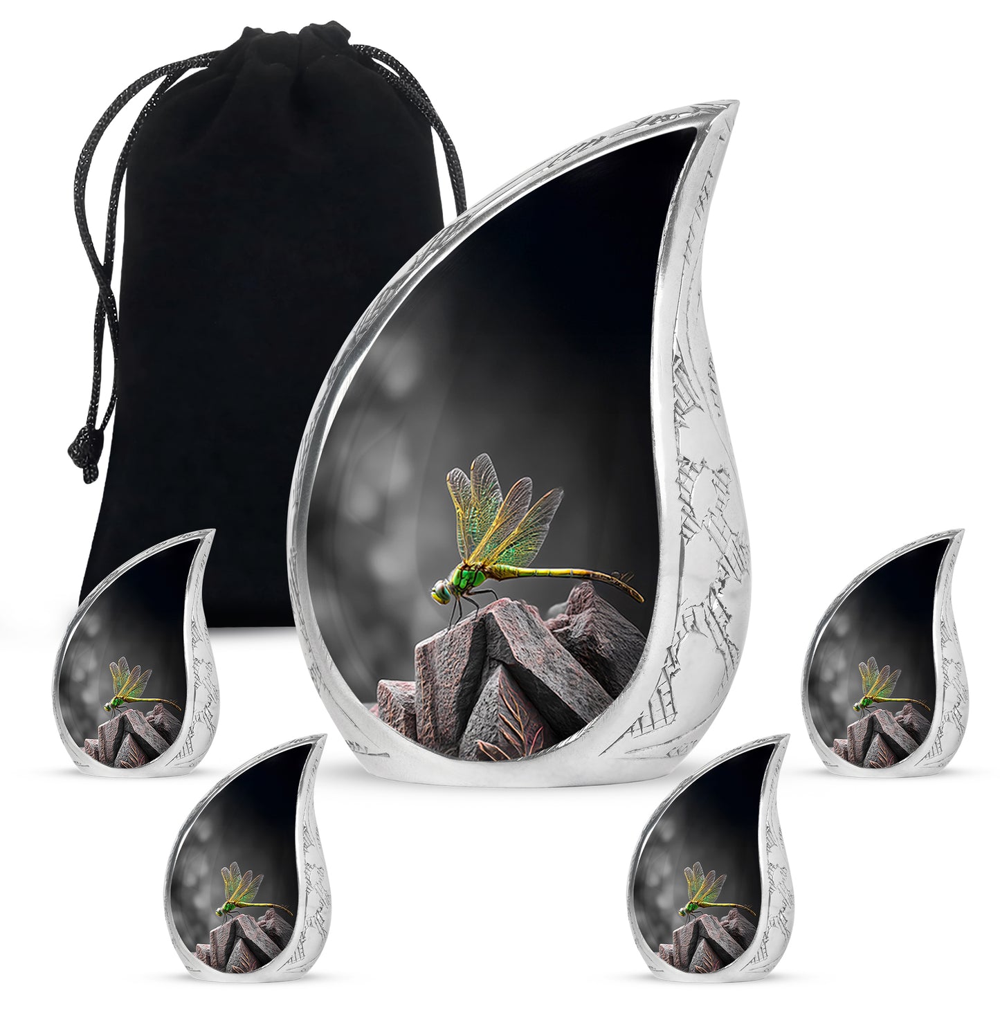 Glossy Black Dragonfly Cremation Urn side profile showing urn shape - flowing teardrop dragonfly silhouette on curved aluminum - memorial set with one large and four small urns