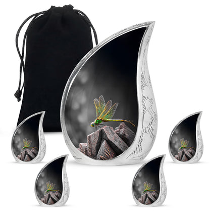 Glossy Black Dragonfly Cremation Urn side profile showing urn shape - flowing teardrop dragonfly silhouette on curved aluminum - memorial set with one large and four small urns