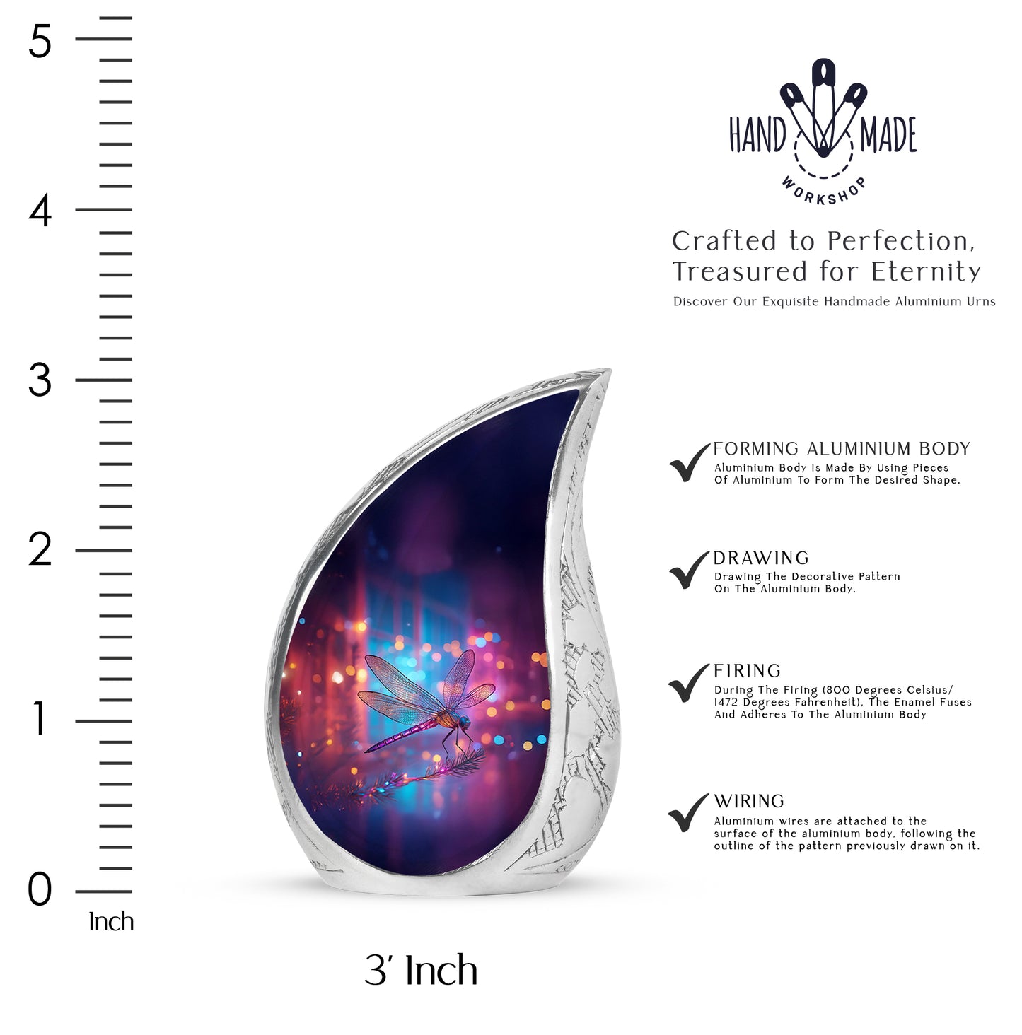 Twilight Blue Dragonfly Cremation Urn angled view of lid and engraved motif - smooth teardrop contour featuring dragonfly art - mini keepsake memorial for portion of cremation ashes