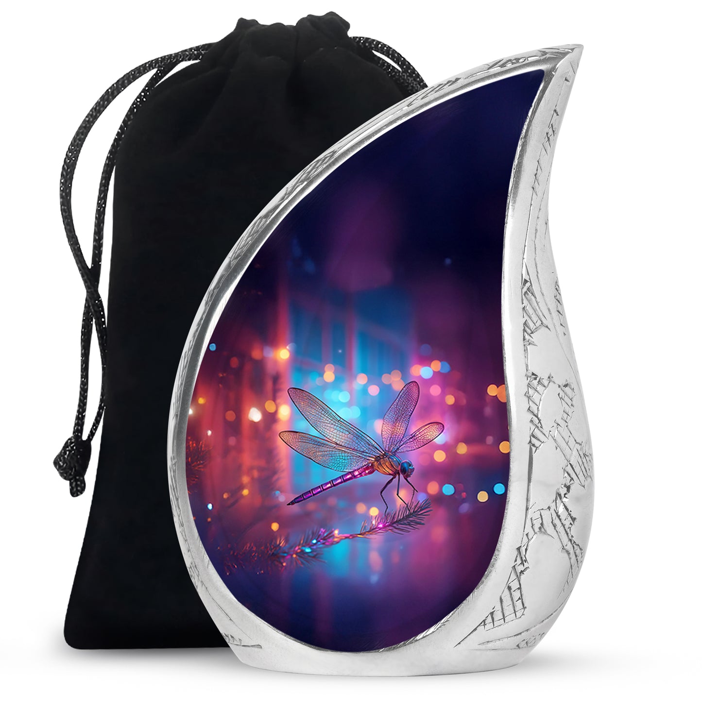 Sky Blue Dragonfly Cremation Urn front view showing detailed design - flowing teardrop dragonfly silhouette on curved aluminum - full-size 10 inch 200 cubic inch adult cremation urn
