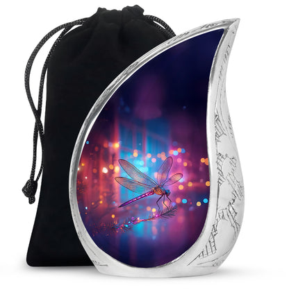 Sky Blue Dragonfly Cremation Urn front view showing detailed design - flowing teardrop dragonfly silhouette on curved aluminum - full-size 10 inch 200 cubic inch adult cremation urn