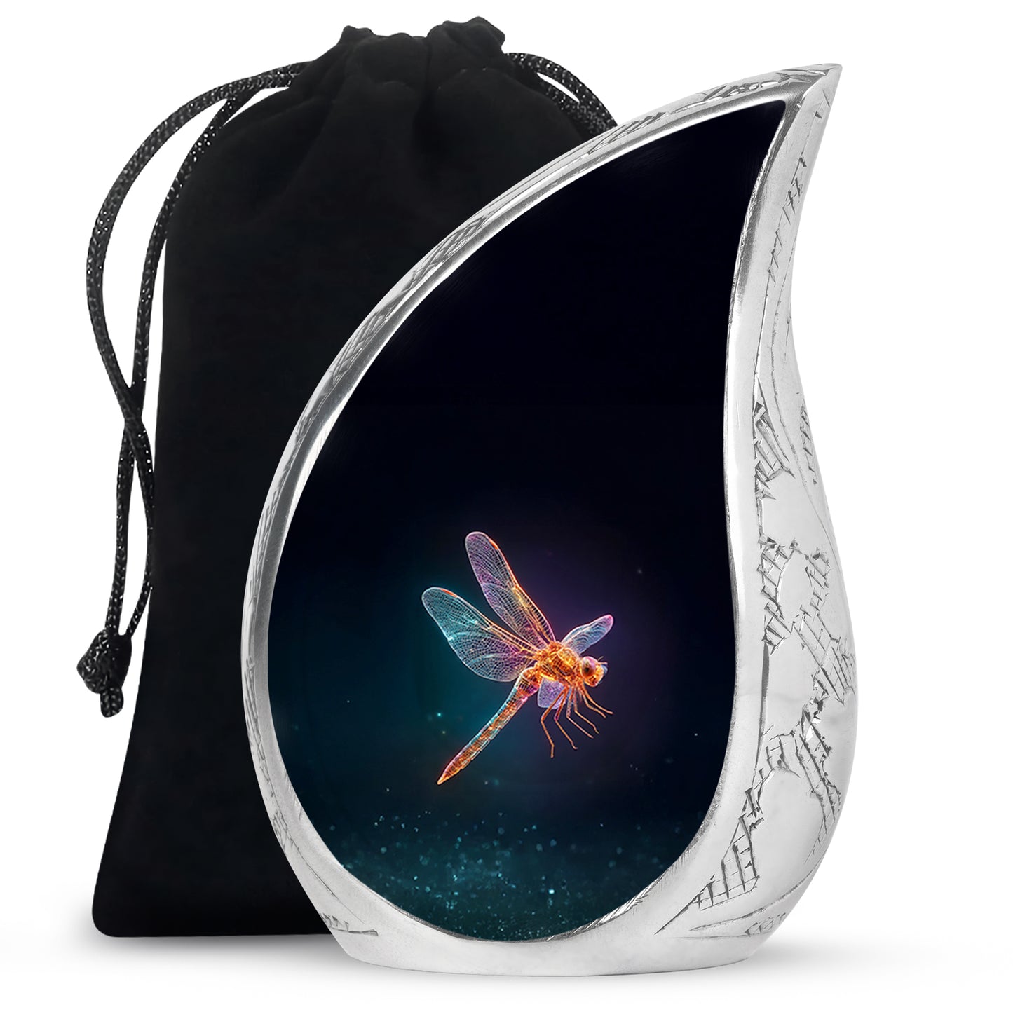 Glossy Black Dragonfly Cremation Urn front view showing detailed design - rounded teardrop dragonfly design with delicate detail - full-size 10 inch 200 cubic inch adult cremation urn