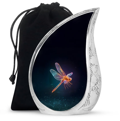 Glossy Black Dragonfly Cremation Urn front view showing detailed design - rounded teardrop dragonfly design with delicate detail - full-size 10 inch 200 cubic inch adult cremation urn