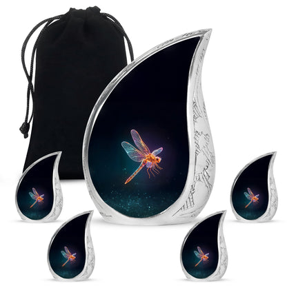 Jet Black Dragonfly Cremation Urn side profile showing urn shape - flowing teardrop dragonfly silhouette on curved aluminum - memorial set with one large and four small urns