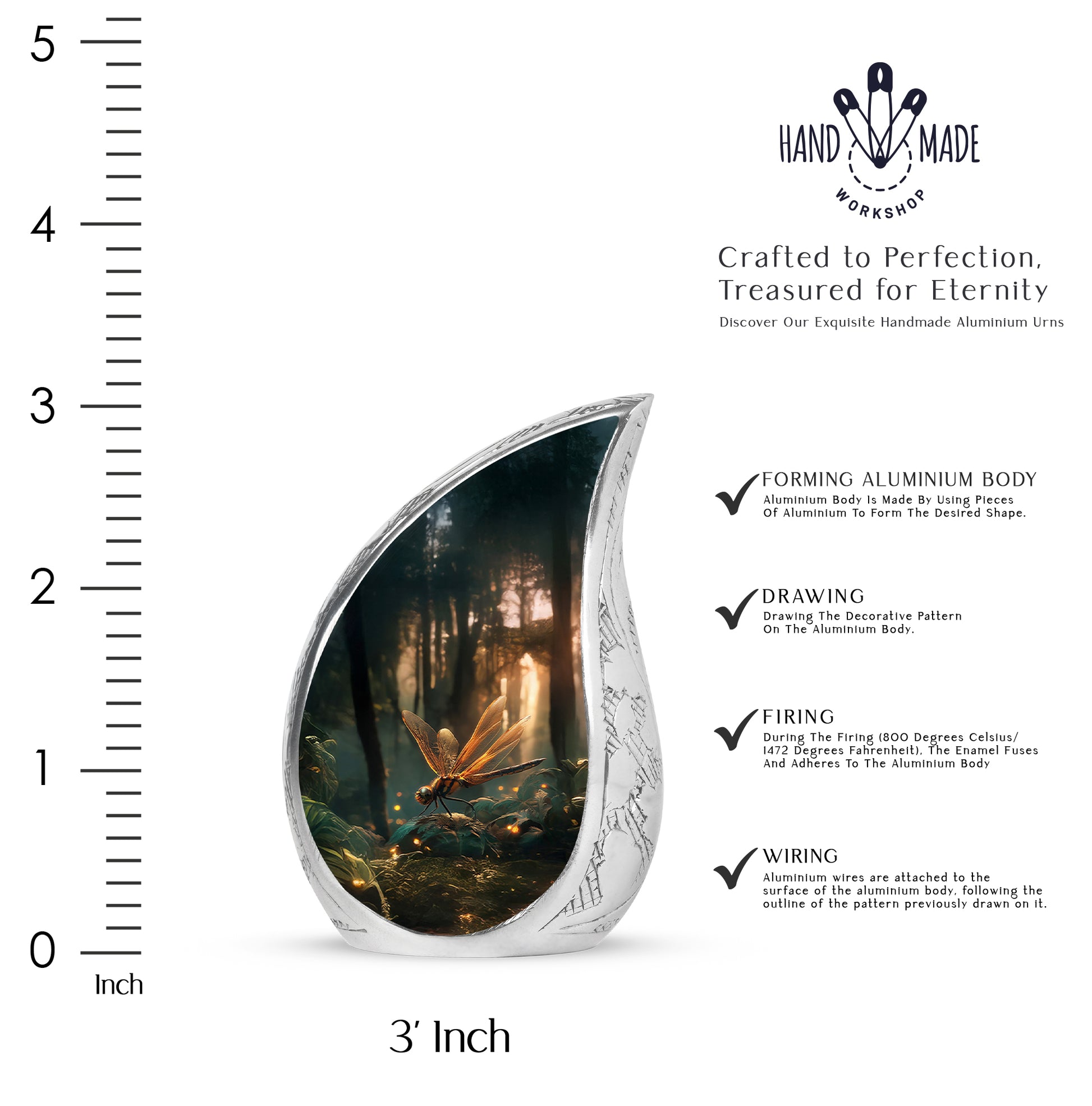 Dark Black Dragonfly Cremation Urn angled view of lid and engraved motif - smooth teardrop contour featuring dragonfly art - mini keepsake memorial for portion of cremation ashes