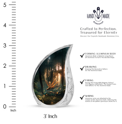 Dark Black Dragonfly Cremation Urn angled view of lid and engraved motif - smooth teardrop contour featuring dragonfly art - mini keepsake memorial for portion of cremation ashes