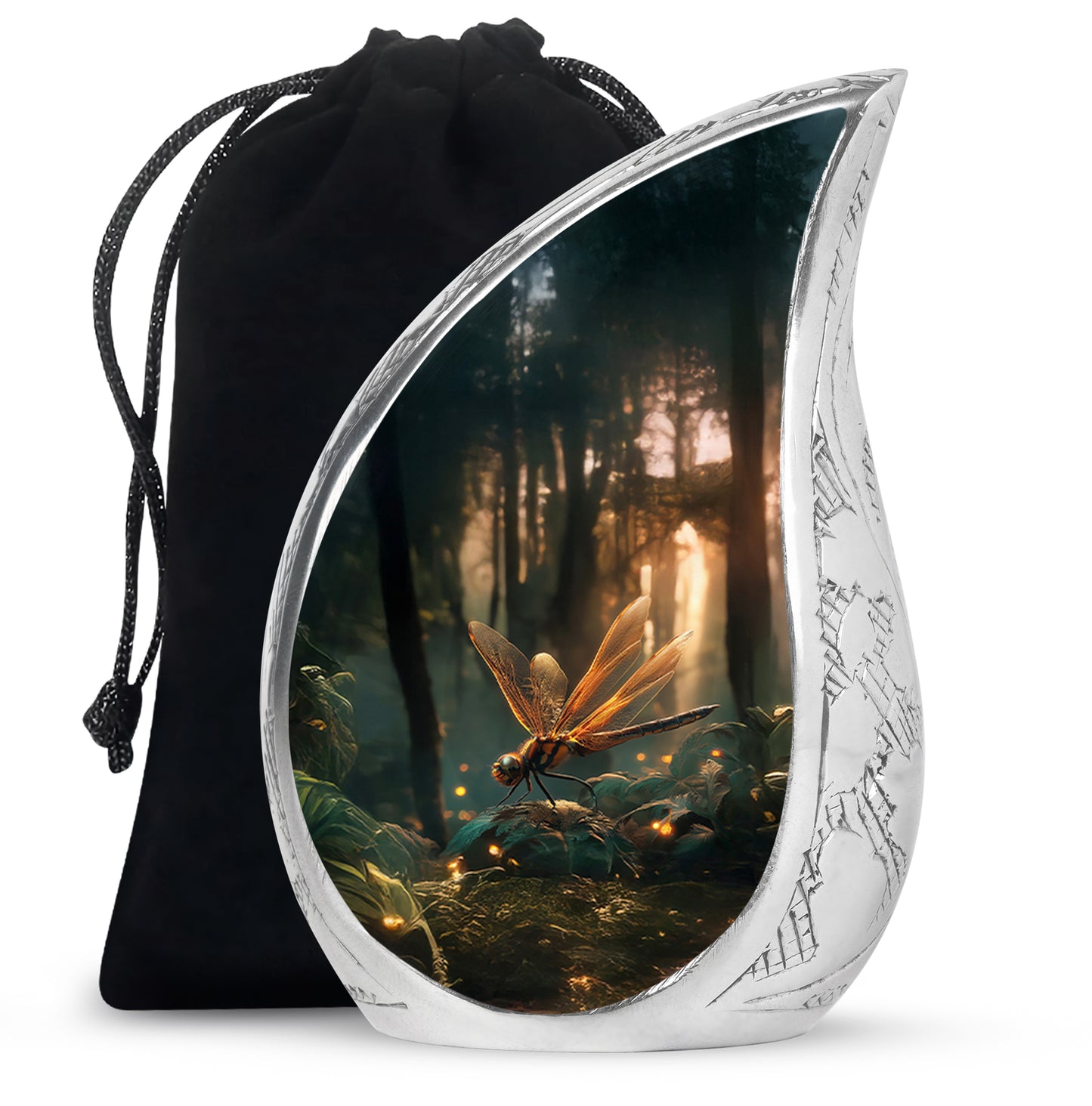 Deep Black Dragonfly Cremation Urn front view showing detailed design - rounded teardrop dragonfly design with delicate detail - full-size 10 inch 200 cubic inch adult cremation urn