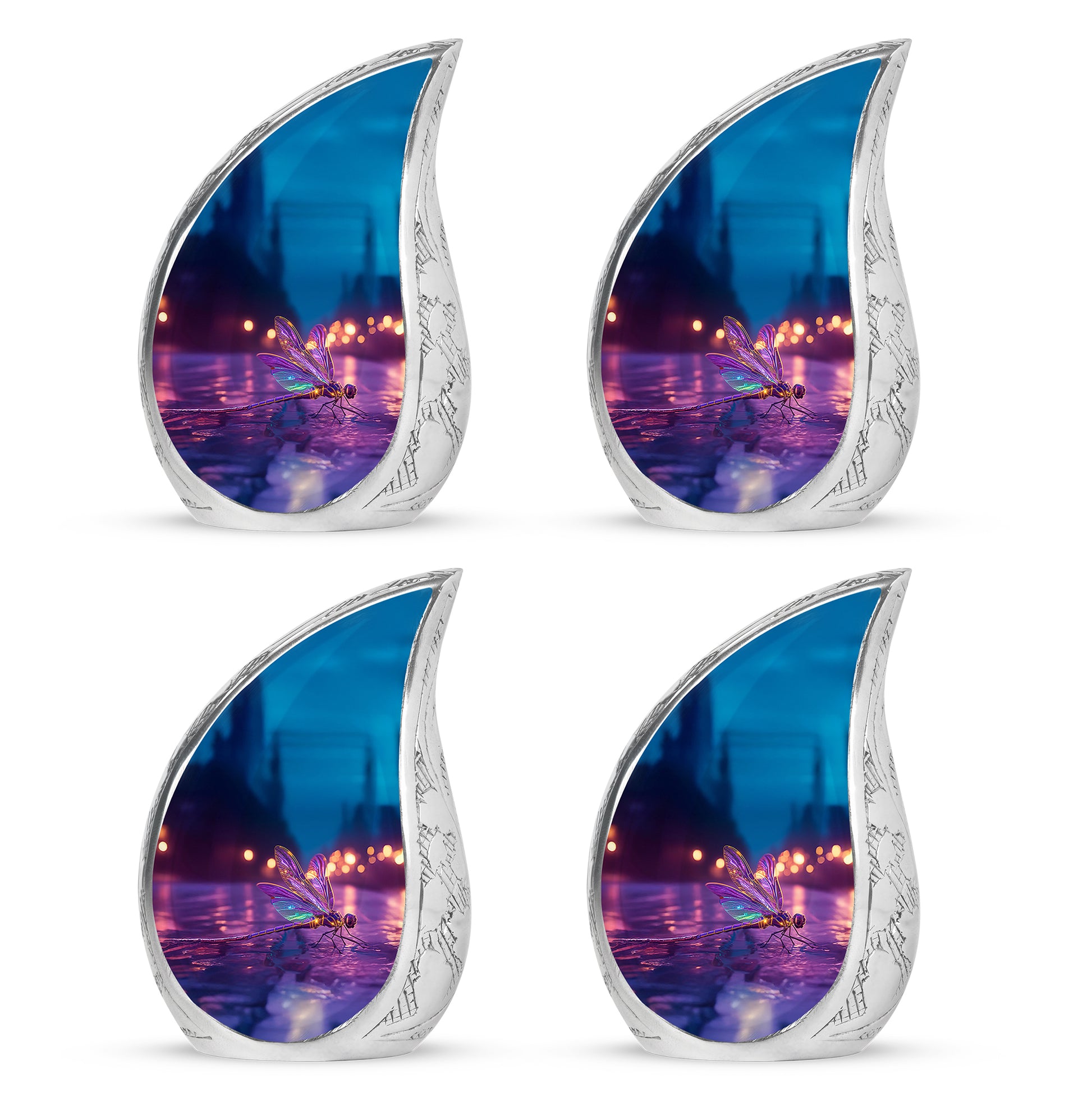 Vivid Blue Dragonfly Cremation Urn close-up of engraving and surface detail - smooth teardrop contour featuring dragonfly art - 10 inch aluminum urn for cremated remains