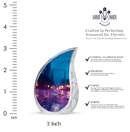 Dusty Blue Dragonfly Cremation Urn angled view of lid and engraved motif - rounded teardrop dragonfly design with delicate detail - mini keepsake memorial for portion of cremation ashes