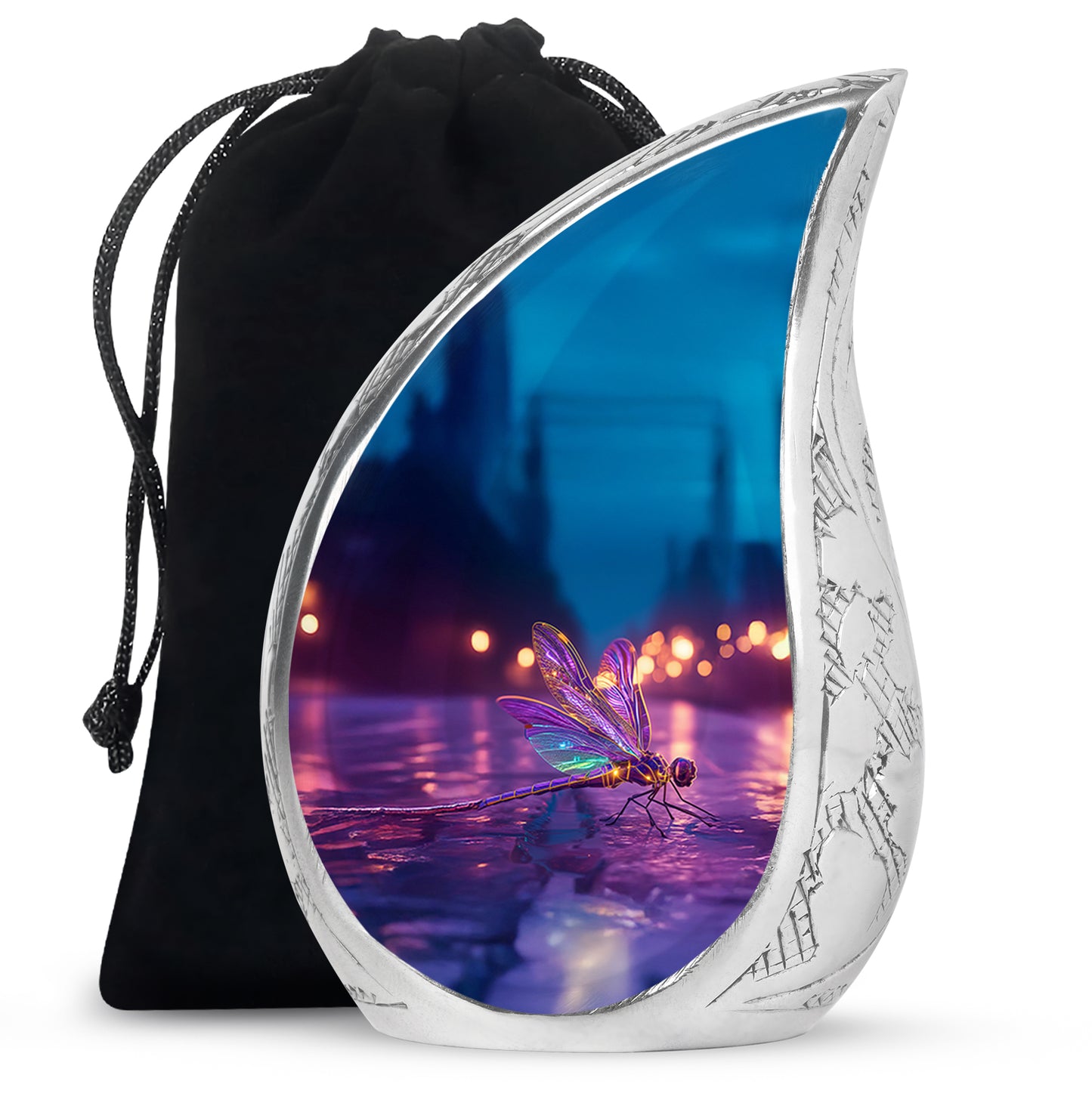 Dusty Blue Dragonfly Cremation Urn front view showing detailed design - flowing teardrop dragonfly silhouette on curved aluminum - full-size 10 inch 200 cubic inch adult cremation urn