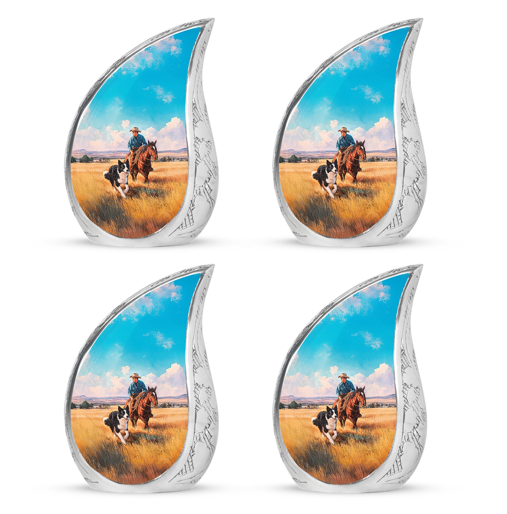 Cool Teal Cowboy Cremation Urn close-up of engraving and surface detail - flowing teardrop cowboy silhouette on curved aluminum - 10 inch aluminum urn for cremated remains