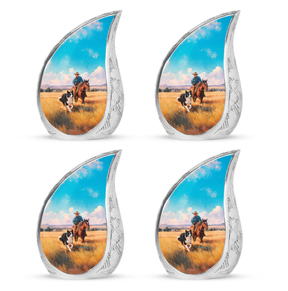 Cool Teal Cowboy Cremation Urn close-up of engraving and surface detail - flowing teardrop cowboy silhouette on curved aluminum - 10 inch aluminum urn for cremated remains
