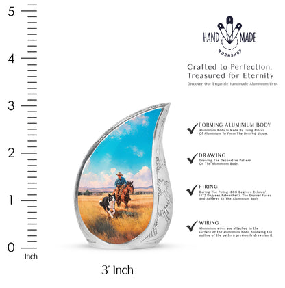 Sea Green Teal Cowboy Cremation Urn angled view of lid and engraved motif - rounded teardrop cowboy design with delicate detail - mini keepsake memorial for portion of cremation ashes