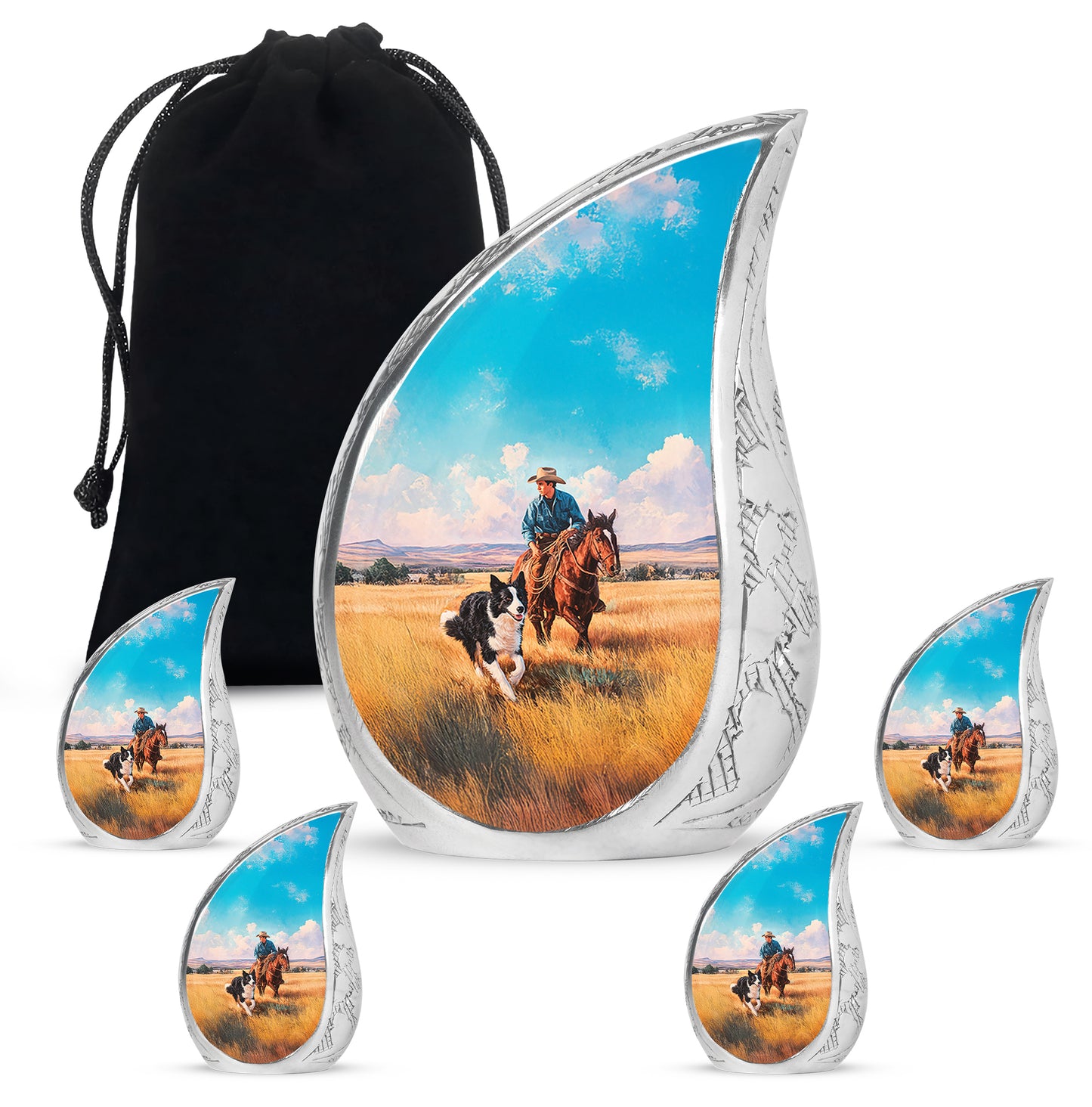 Aqua Teal Cowboy Cremation Urn side profile showing urn shape - graceful tear-shaped urn with cowboy motif - memorial set with one large and four small urns