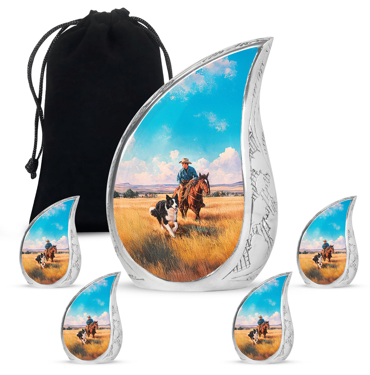 Aqua Teal Cowboy Cremation Urn side profile showing urn shape - graceful tear-shaped urn with cowboy motif - memorial set with one large and four small urns