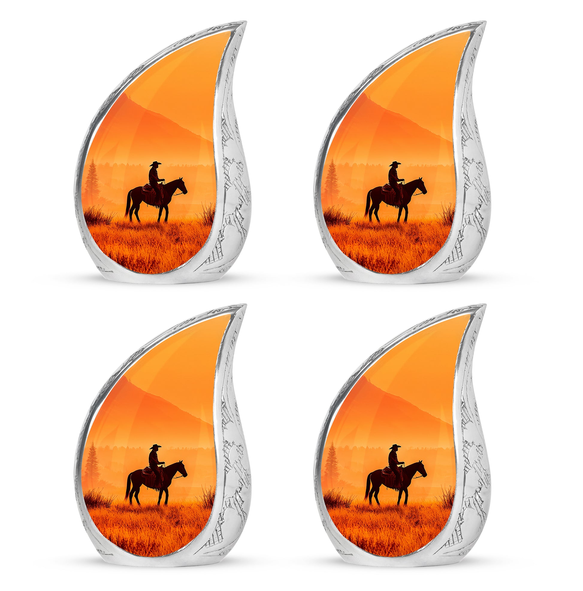 Sunrise Gold Cowboy Cremation Urn close-up of engraving and surface detail - flowing teardrop cowboy silhouette on curved aluminum - 10 inch aluminum urn for cremated remains