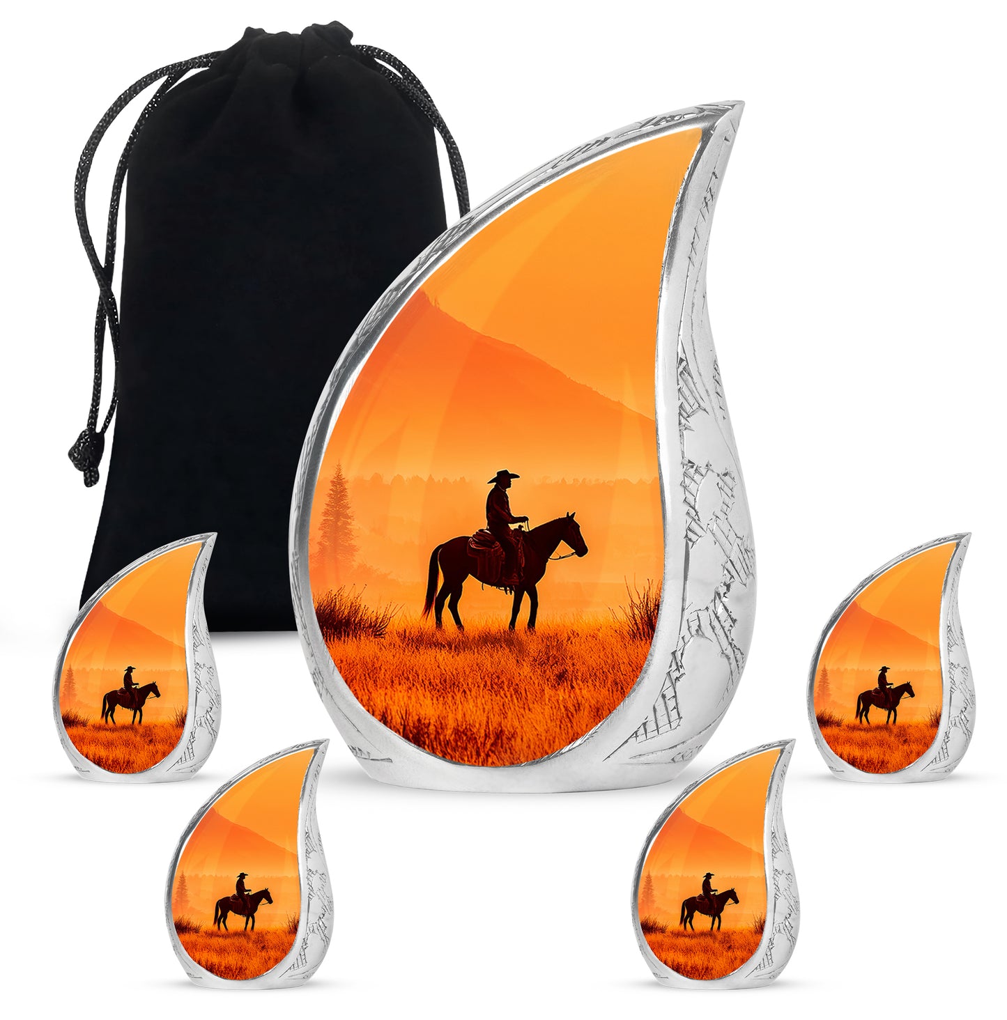 Harvest Gold Cowboy Cremation Urn side profile showing urn shape - smooth teardrop contour featuring cowboy art - memorial set with one large and four small urns