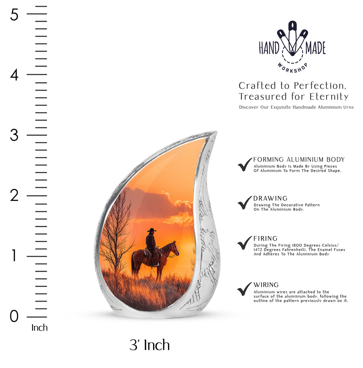 Scarlet Red Cowboy Cremation Urn angled view of lid and engraved motif - graceful tear-shaped urn with cowboy motif - mini keepsake memorial for portion of cremation ashes