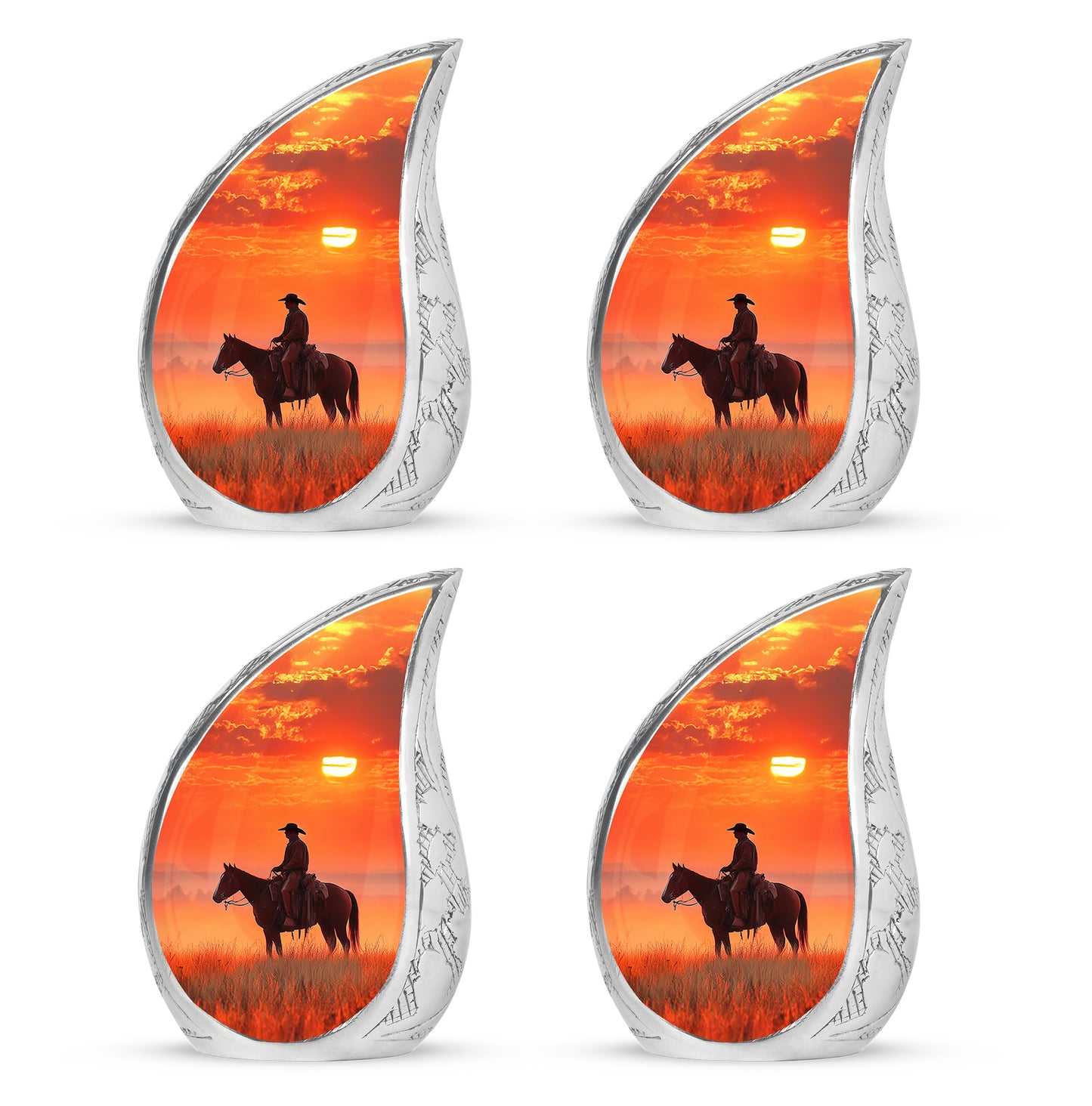 Cherry Red Cowboy Cremation Urn close-up of engraving and surface detail - graceful tear-shaped urn with cowboy motif - 10 inch aluminum urn for cremated remains