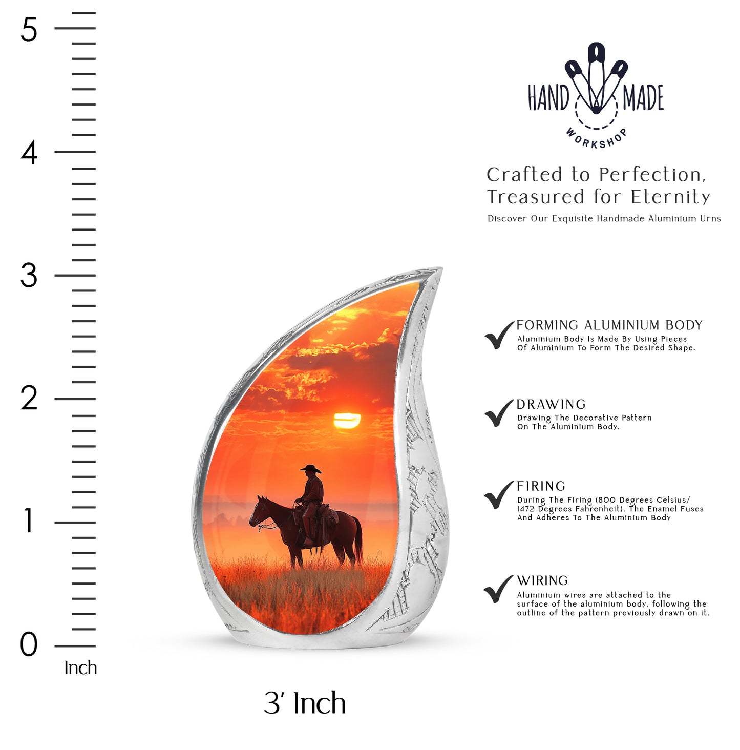 Garnet Red Cowboy Cremation Urn angled view of lid and engraved motif - flowing teardrop cowboy silhouette on curved aluminum - mini keepsake memorial for portion of cremation ashes