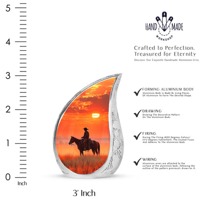 Garnet Red Cowboy Cremation Urn angled view of lid and engraved motif - flowing teardrop cowboy silhouette on curved aluminum - mini keepsake memorial for portion of cremation ashes