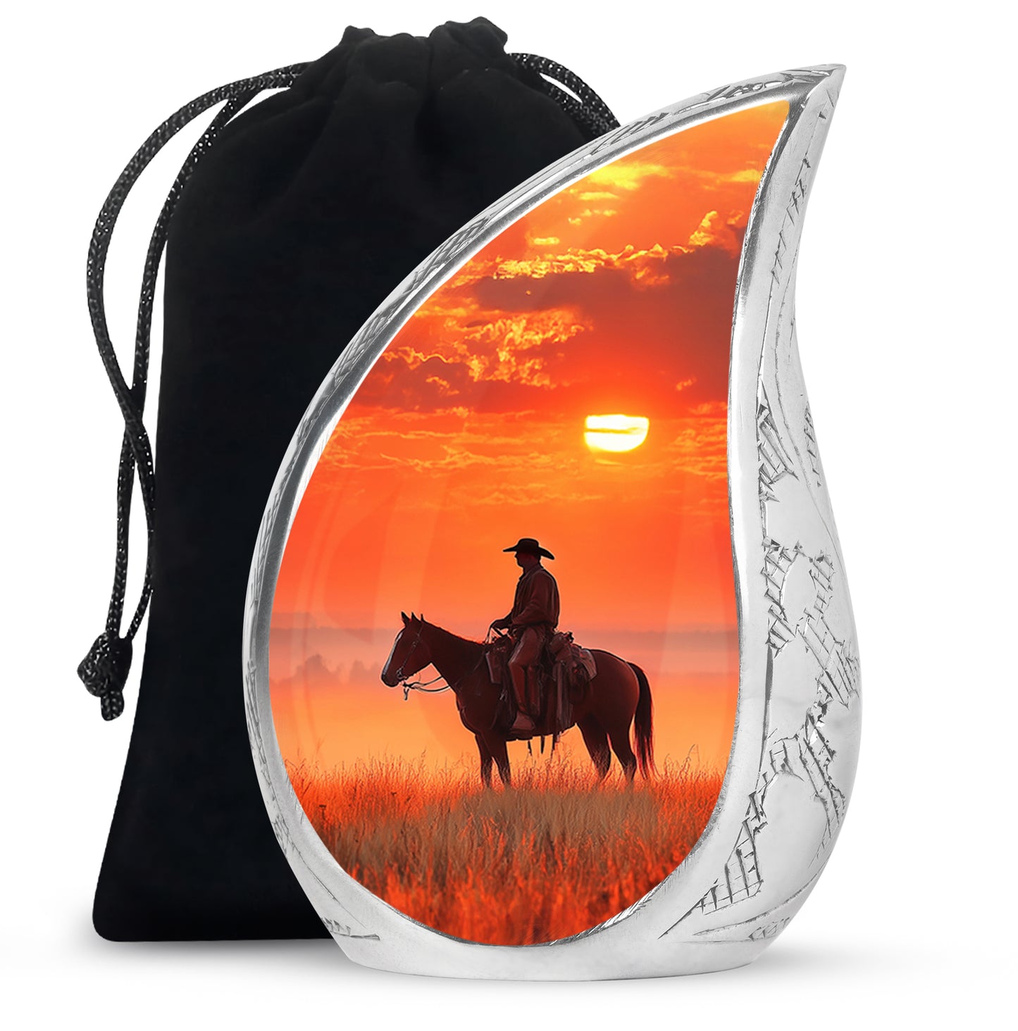 Fiery Red Cowboy Cremation Urn front view showing detailed design - graceful tear-shaped urn with cowboy motif - full-size 10 inch 200 cubic inch adult cremation urn