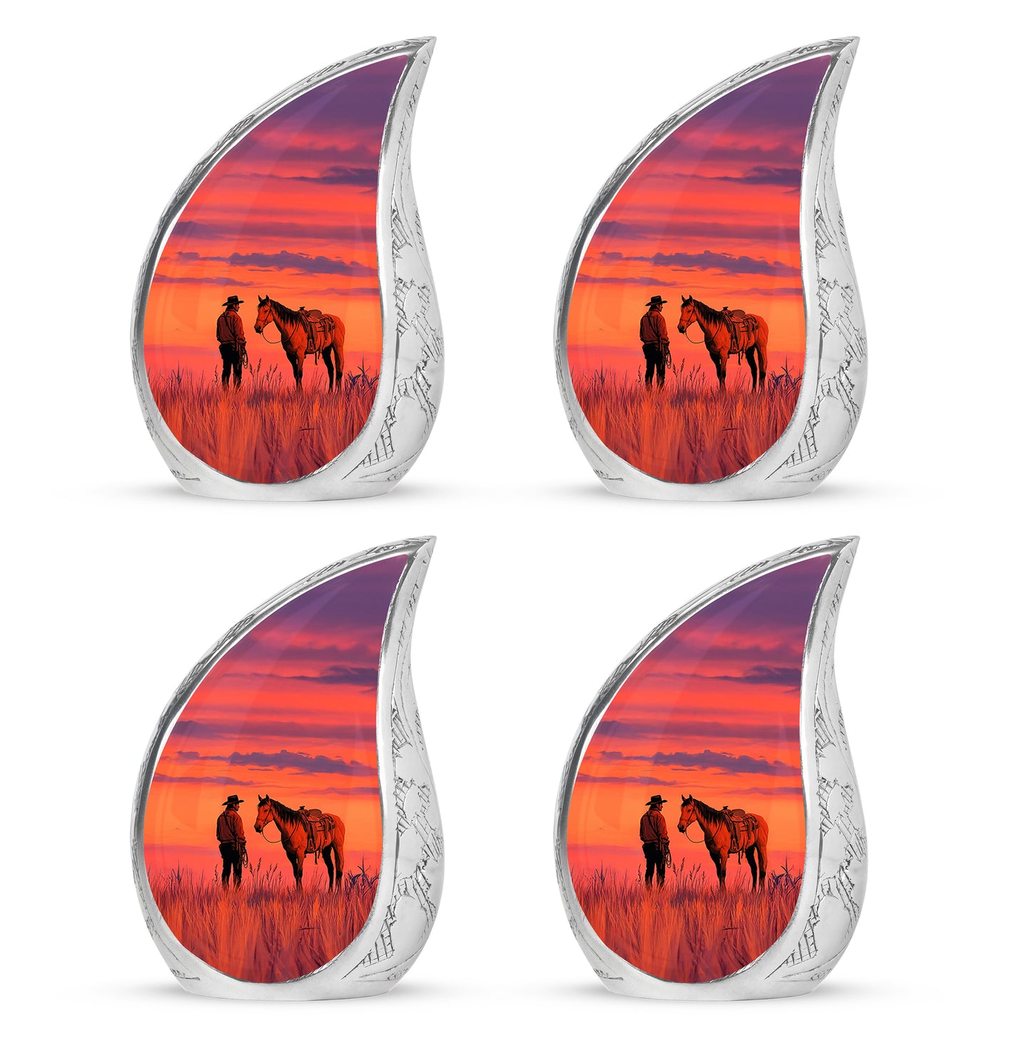 Fiery Red Cowboy Cremation Urn close-up of engraving and surface detail - graceful tear-shaped urn with cowboy motif - 10 inch aluminum urn for cremated remains