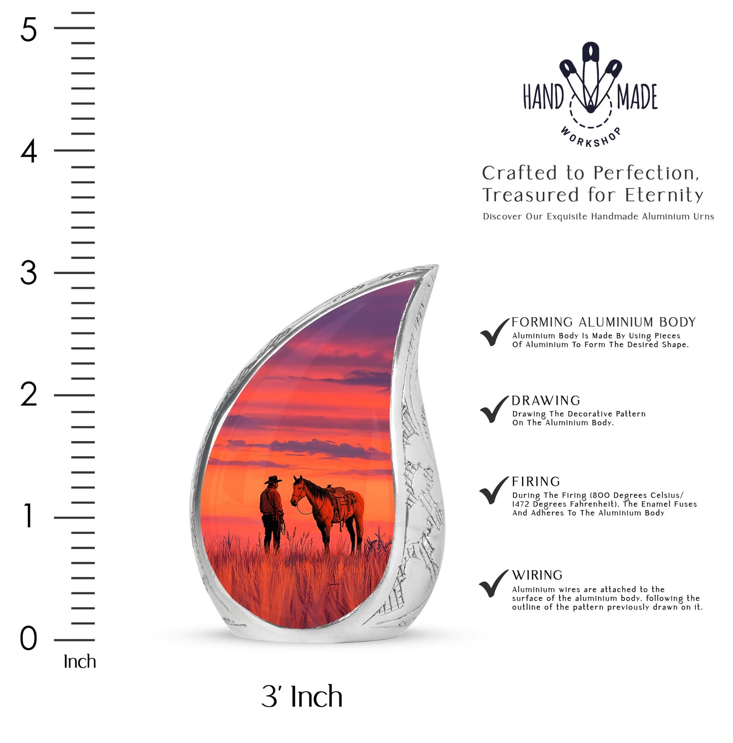 Fiery Red Cowboy Cremation Urn angled view of lid and engraved motif - smooth teardrop contour featuring cowboy art - mini keepsake memorial for portion of cremation ashes