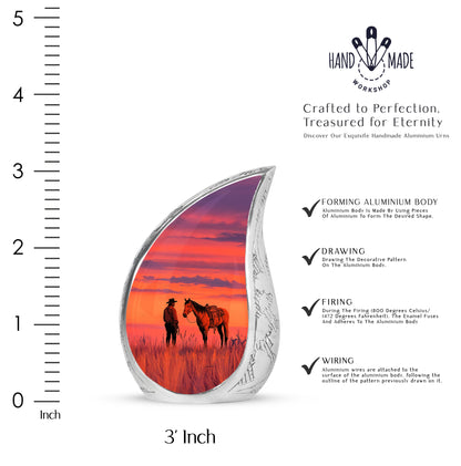 Fiery Red Cowboy Cremation Urn angled view of lid and engraved motif - smooth teardrop contour featuring cowboy art - mini keepsake memorial for portion of cremation ashes
