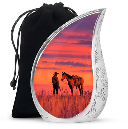 Cherry Red Cowboy Cremation Urn front view showing detailed design - graceful tear-shaped urn with cowboy motif - full-size 10 inch 200 cubic inch adult cremation urn