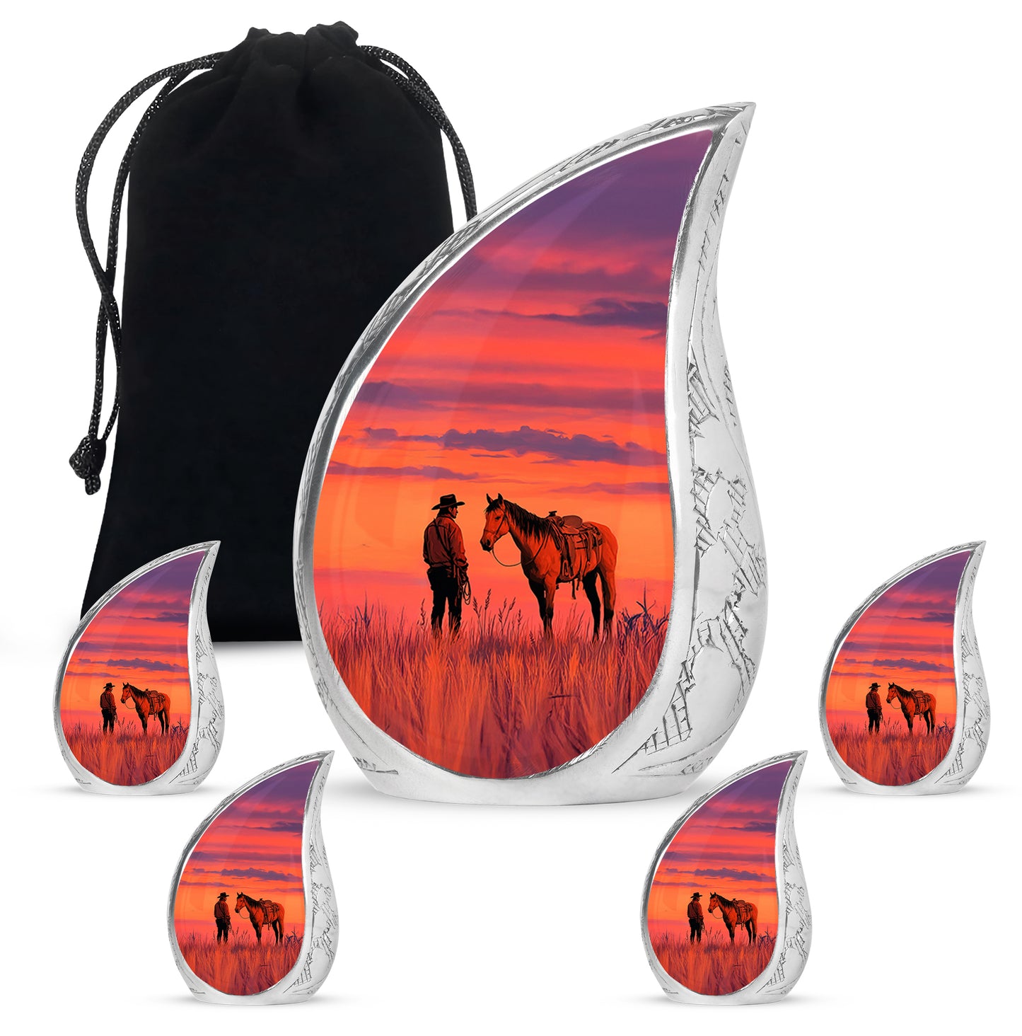 Rich Red Cowboy Cremation Urn side profile showing urn shape - graceful tear-shaped urn with cowboy motif - memorial set with one large and four small urns