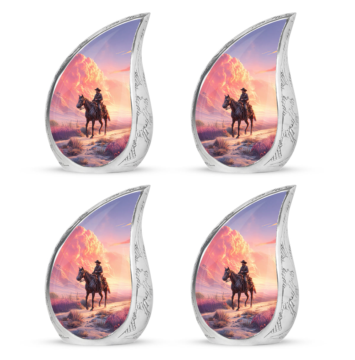 Soft Blue Cowboy Cremation Urn close-up of engraving and surface detail - graceful tear-shaped urn with cowboy motif - 10 inch aluminum urn for cremated remains