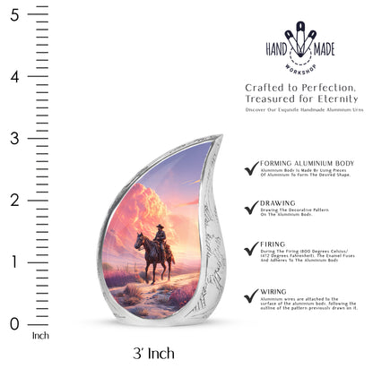 Soft Blue Cowboy Cremation Urn angled view of lid and engraved motif - graceful tear-shaped urn with cowboy motif - mini keepsake memorial for portion of cremation ashes