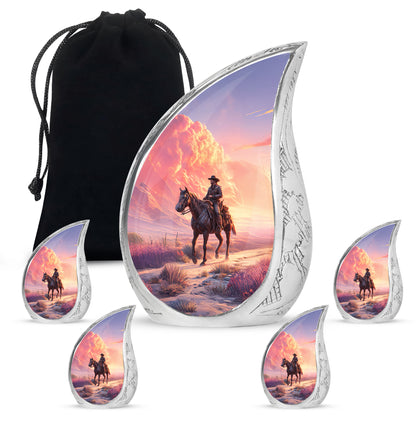 Celestial Blue Cowboy Cremation Urn side profile showing urn shape - rounded teardrop cowboy design with delicate detail - memorial set with one large and four small urns