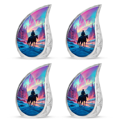 Peony Pink Cowboy Cremation Urn close-up of engraving and surface detail - rounded teardrop cowboy design with delicate detail - 10 inch aluminum urn for cremated remains
