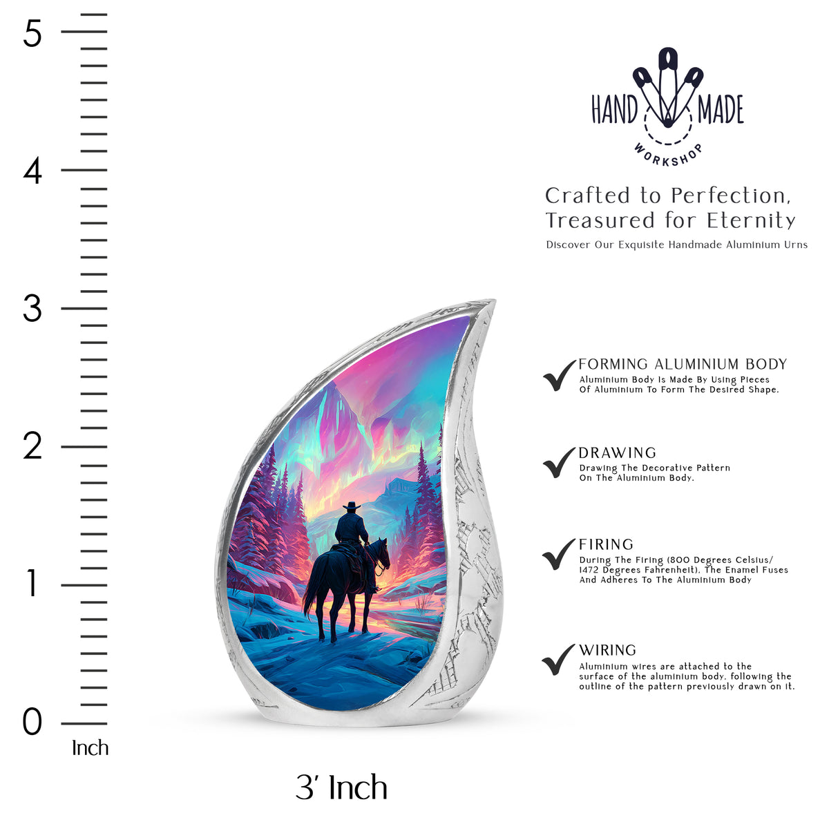 Rose Pink Cowboy Cremation Urn angled view of lid and engraved motif - flowing teardrop cowboy silhouette on curved aluminum - mini keepsake memorial for portion of cremation ashes