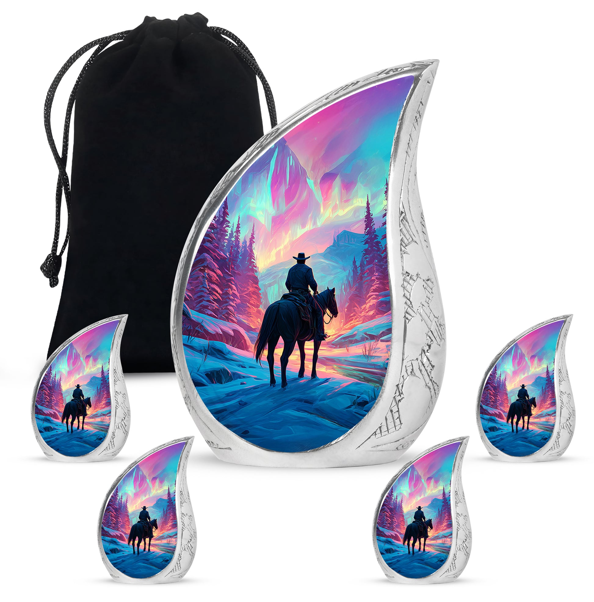 Peony Pink Cowboy Cremation Urn side profile showing urn shape - flowing teardrop cowboy silhouette on curved aluminum - memorial set with one large and four small urns