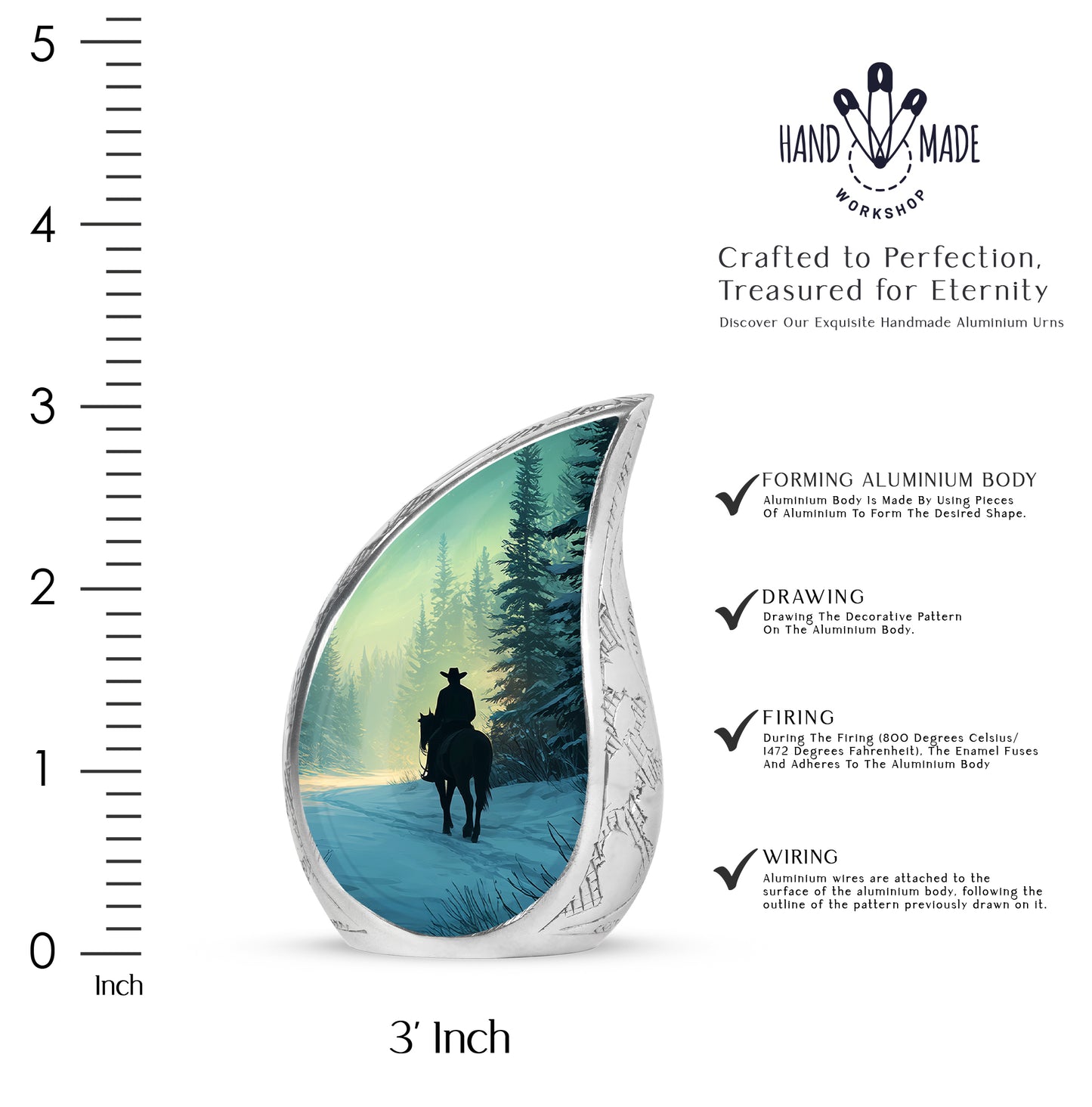 Sage Green Cowboy Cremation Urn angled view of lid and engraved motif - flowing teardrop cowboy silhouette on curved aluminum - mini keepsake memorial for portion of cremation ashes