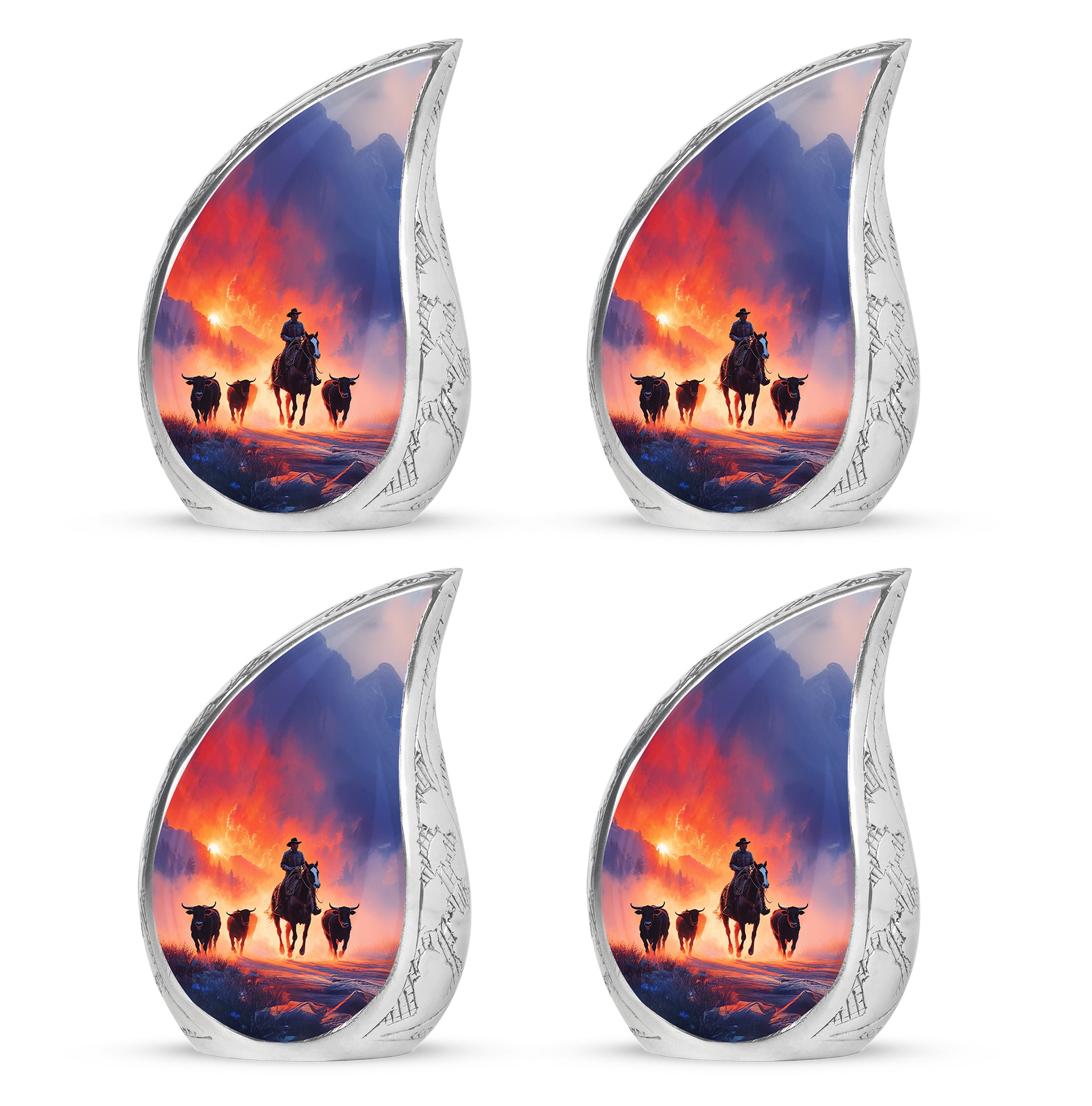 Amethyst Purple Cowboy Cremation Urn close-up of engraving and surface detail - flowing teardrop cowboy silhouette on curved aluminum - 10 inch aluminum urn for cremated remains