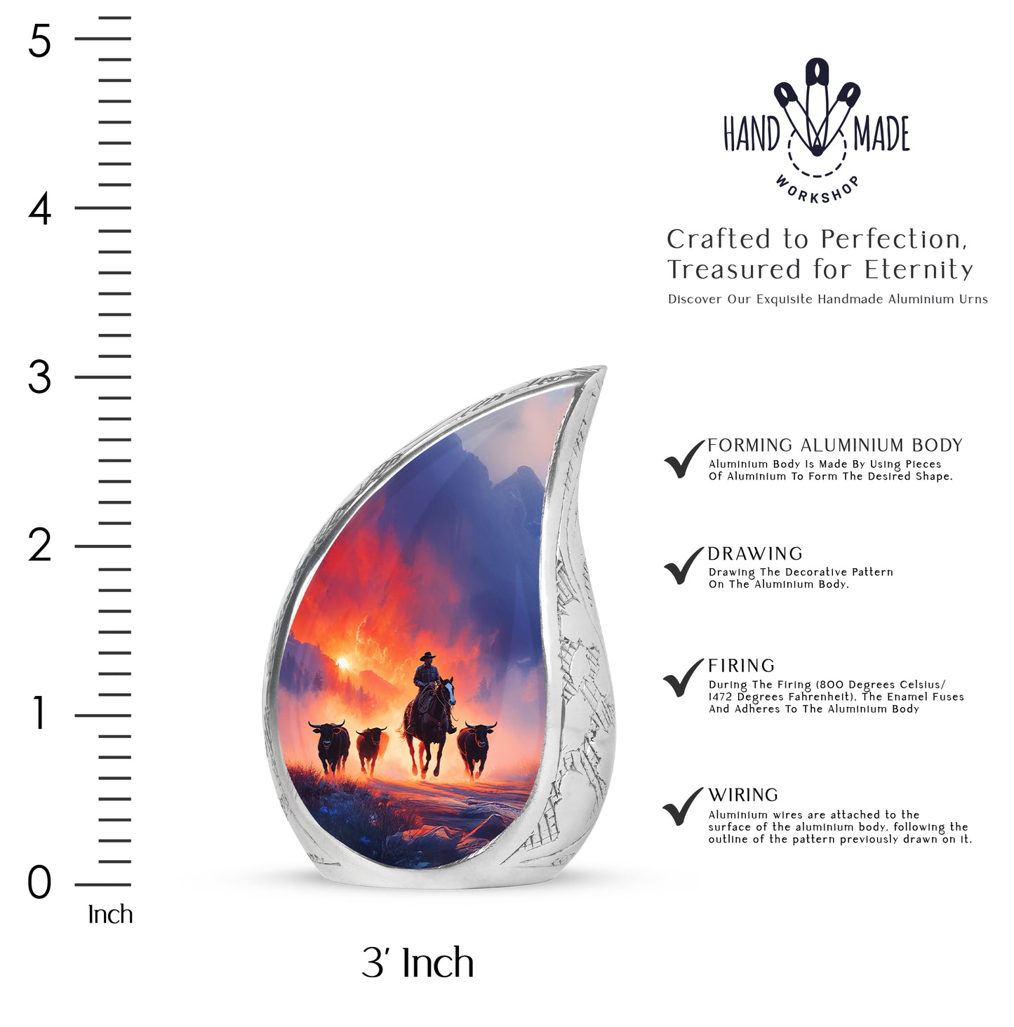 Grape Purple Cowboy Cremation Urn angled view of lid and engraved motif - graceful tear-shaped urn with cowboy motif - mini keepsake memorial for portion of cremation ashes