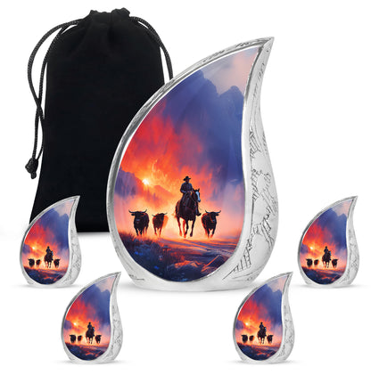 Lavender Purple Cowboy Cremation Urn side profile showing urn shape - graceful tear-shaped urn with cowboy motif - memorial set with one large and four small urns