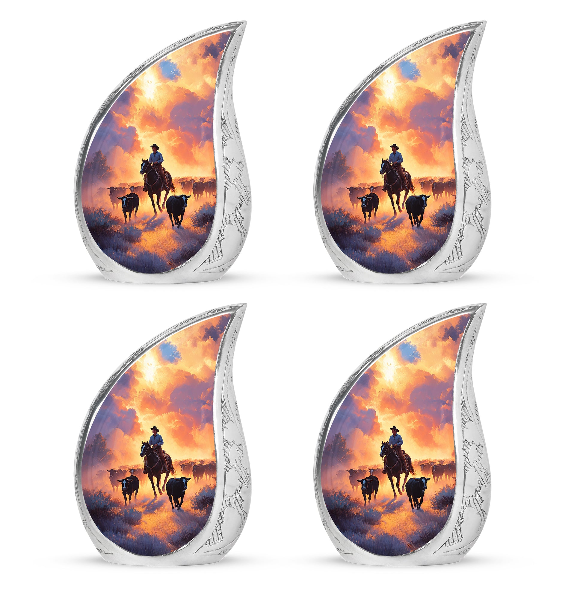 Amethyst Purple Cowboy Cremation Urn close-up of engraving and surface detail - flowing teardrop cowboy silhouette on curved aluminum - 10 inch aluminum urn for cremated remains