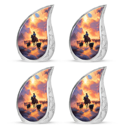 Amethyst Purple Cowboy Cremation Urn close-up of engraving and surface detail - flowing teardrop cowboy silhouette on curved aluminum - 10 inch aluminum urn for cremated remains