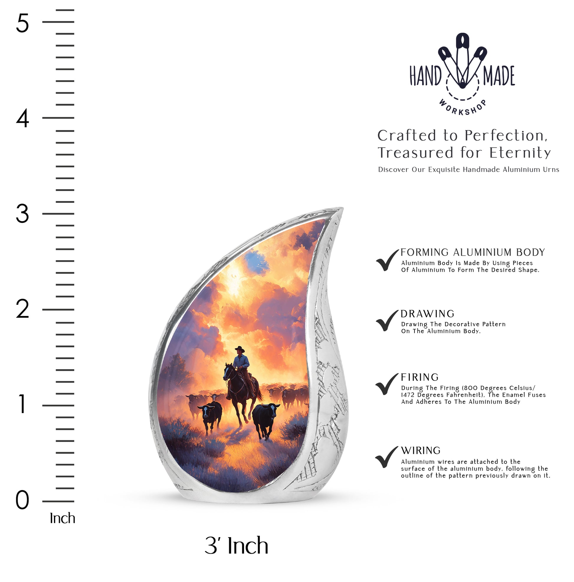 Amethyst Purple Cowboy Cremation Urn angled view of lid and engraved motif - rounded teardrop cowboy design with delicate detail - mini keepsake memorial for portion of cremation ashes