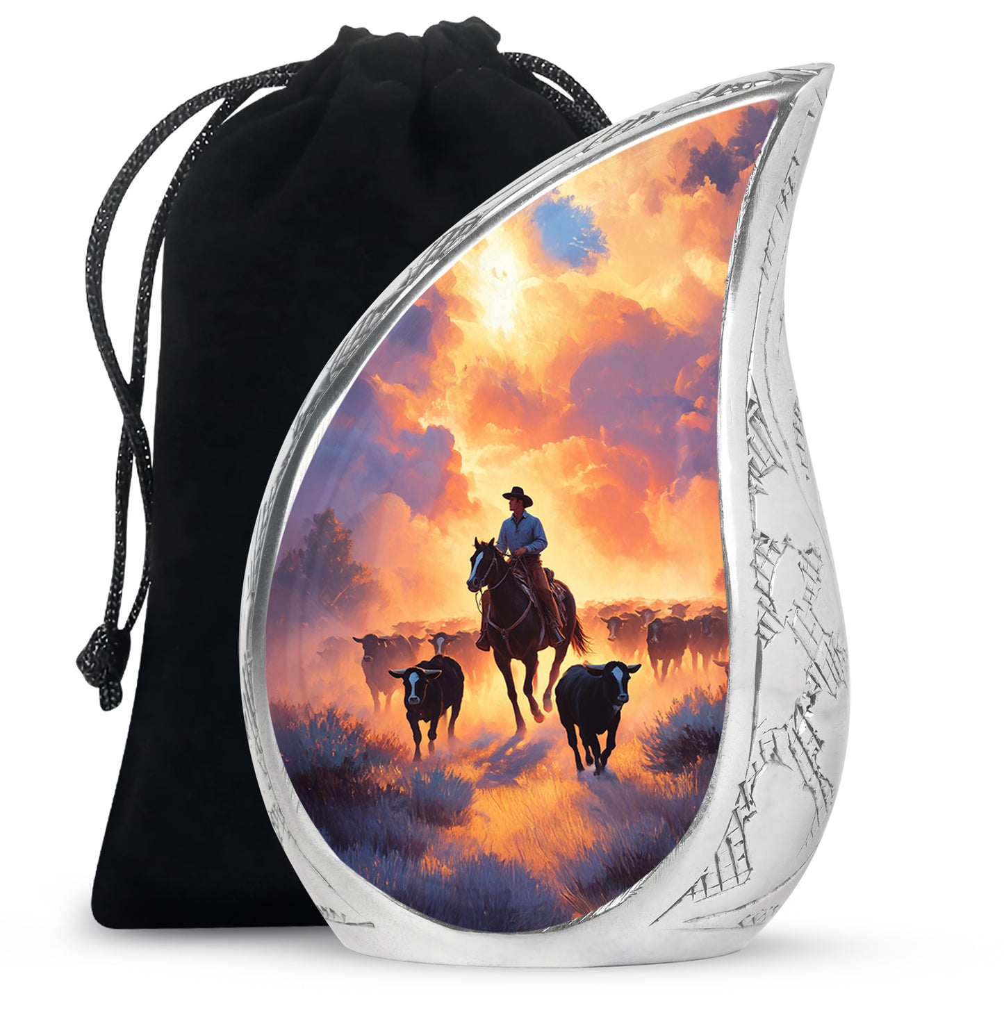 Majestic Purple Cowboy Cremation Urn front view showing detailed design - flowing teardrop cowboy silhouette on curved aluminum - full-size 10 inch 200 cubic inch adult cremation urn