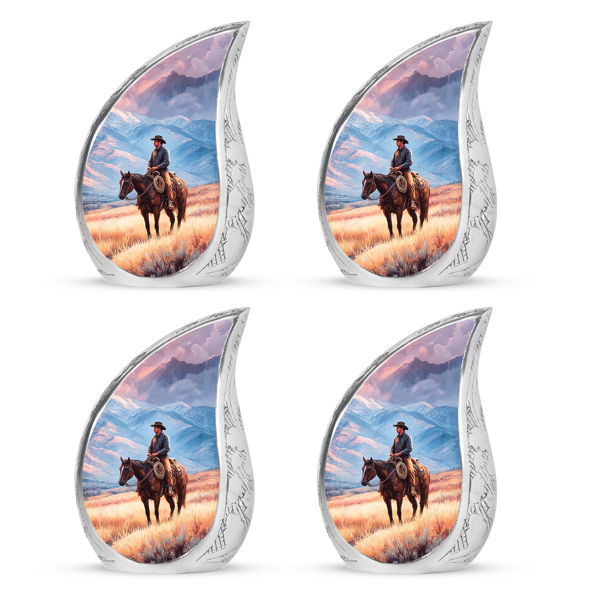 Sapphire Blue Cowboy Cremation Urn close-up of engraving and surface detail - smooth teardrop contour featuring cowboy art - 10 inch aluminum urn for cremated remains