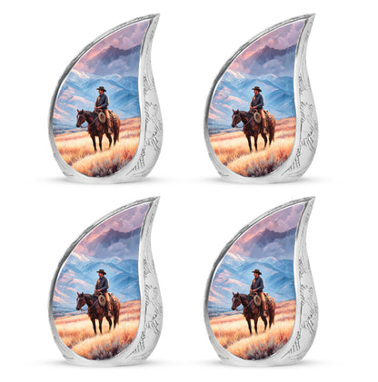 Sapphire Blue Cowboy Cremation Urn close-up of engraving and surface detail - smooth teardrop contour featuring cowboy art - 10 inch aluminum urn for cremated remains