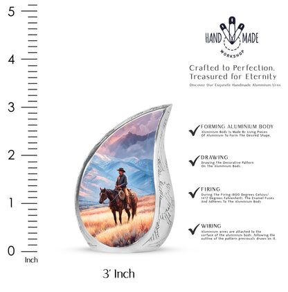 Vivid Blue Cowboy Cremation Urn angled view of lid and engraved motif - smooth teardrop contour featuring cowboy art - mini keepsake memorial for portion of cremation ashes