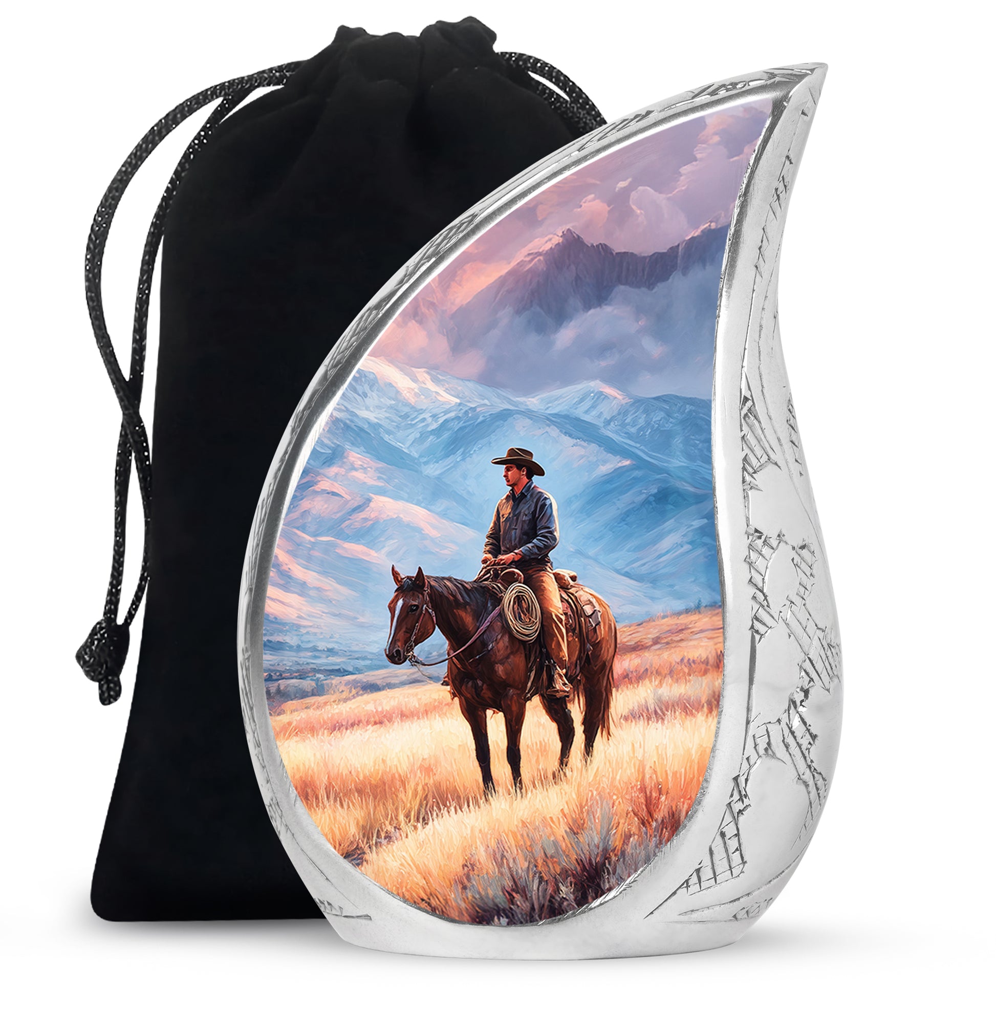 Powder Blue Cowboy Cremation Urn front view showing detailed design - rounded teardrop cowboy design with delicate detail - full-size 10 inch 200 cubic inch adult cremation urn